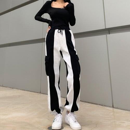 High-waisted Black White Spilce Pocket Jeans Drawstring Elastic Waist Casual Trousers Streetwear Fashion Cargo Pants Women