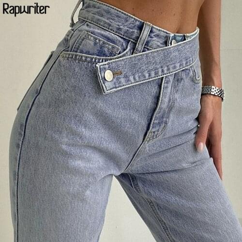 Stylish Blue High Waist Belt y2k Mom Jeans Women 2020 Autumn Full Length Wide Denim Pants Harajuku Straight Trouser Streetwear