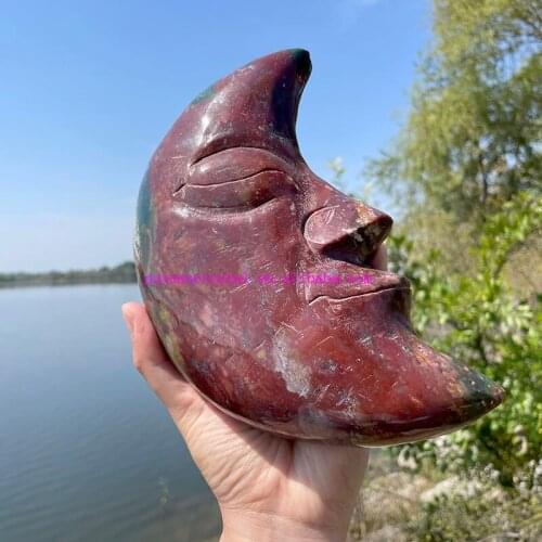 20 CM Height Natural Crystal Moon Figurine Hand Carved Stone Ocean Jasper Moon Decor Healing Crystal Aesthetic Room Decor Gift