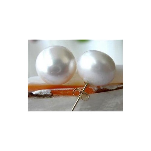 Good>>>>noble jewelry GENUINE 13-14MM AAA+++ WHITE SOUTH SEA PEARL EARRING 14K YELLOW GOLD
