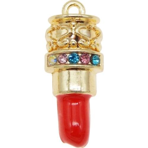 Julie Wang 5PCS Enamel Red Lipstick Charms Colored Rhinestone Alloy Gold Tone Necklace Pendant Findings Jewelry Making Accessory