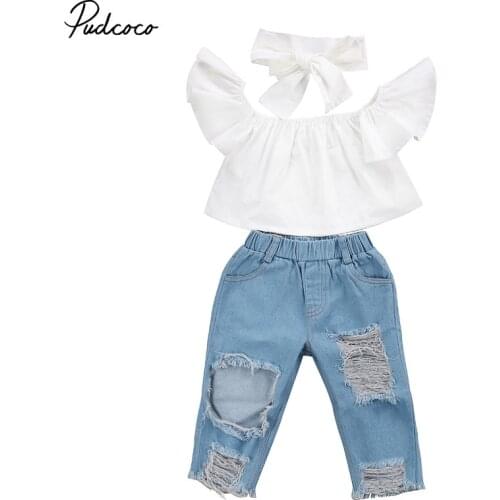 Pudcoco Kid Girls Summer Clothing Sets Off Shoulder Tops Denim Pants Jeans Headband 3pcs Girls Clothes Childrens Sets 2T-6T