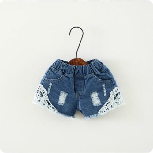 Summer New Kids Girl Lace Short Jeans Pants Korean Girls Cowboy Hole Shorts Girls Lace Shorts Pants Children Clothes 1-12Y