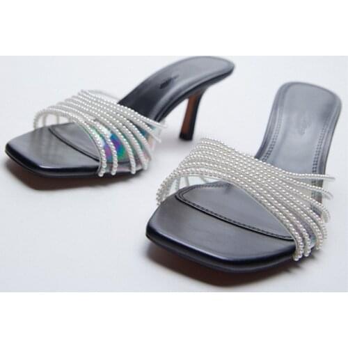 Summer Womens Slippers 2021 New Transparent One Word with Pearl Chain Stiletto Sandals Square Toe Open Toe High Heels