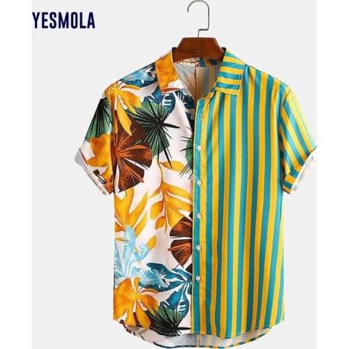 YESMOLA Summer Hawaiian Print Short Sleeve Shirt Street Stripe Beach Shirt for Men Women Casual Tops Fashion Mens Shirts