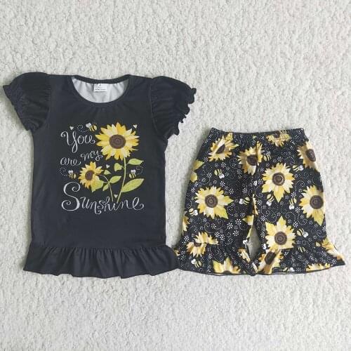 Summer Baby Girls Outfits Slogan Black Shirt Sunflower Shorts Kids Boutique Clothing Dropshipping