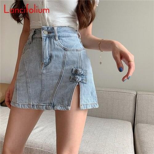 Cute Slit Vintage Denim Shorts Skirts Summer Women 2021 High Waist Korean Kawaii Chinese Harajuku Patchwork Jeans Booty Shorts