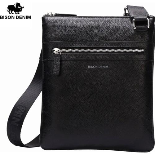 BISON DENIM fashion luxury men bag genuine leather one shoulder crossbody bags business male brand small messenger bag