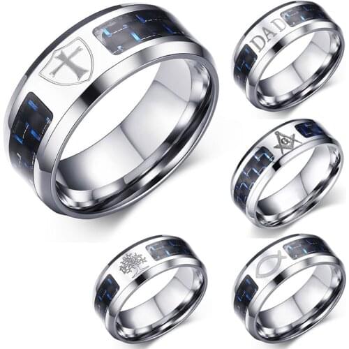 2020 Titanium Steel Engraved DAD, Tree Of Life, Cross Rings Fashion Blue Carbon Fiber Ring for Men Women Drop Shipping