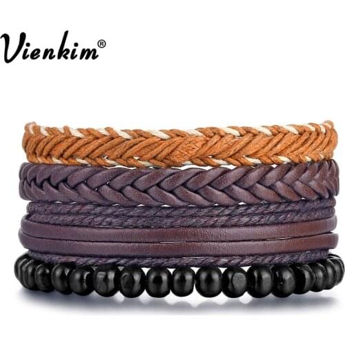 Vienkim Gentleman Wood Beads Multilayer Leather Bracelet Bangle For Men Classic Handmade Weave Rope Bracelets Set Jewelry 2019