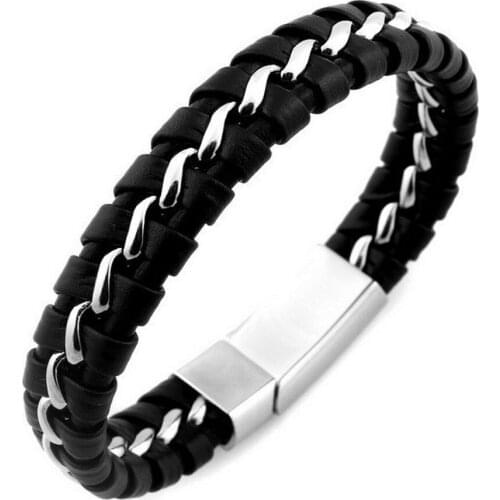 Mens PU Leather Braided Wristband Bracelet Steel Bangle Wrap Black