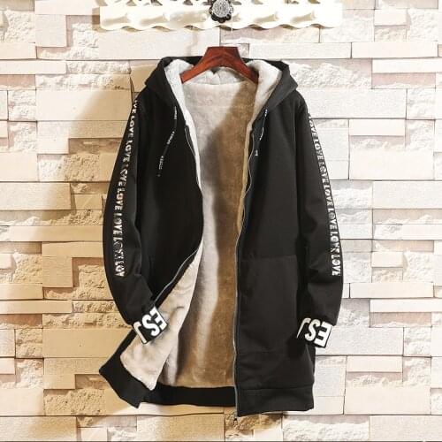 Autumn Winter Mens Loose Fleece Lining Trench Coat Hooded Plus Size 5XL Casual Overcoat Letters Print J3