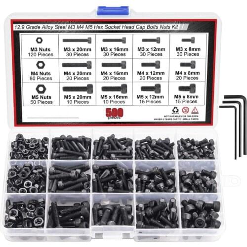 500Pcs/Set Black Carbon-Steel Cylinder Column Hex Hexagon Screw Set M3/M4/M5 Furniture Fastener Assorted Kit