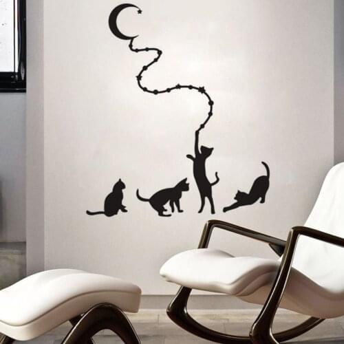 Stickers Four Funny Cats and Moon Stars Vinyl Wall Decals Removable Wall Art Wall Decor For Living Room Wall Poster Home Decor