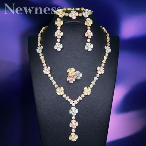 Newness Delicate Flowers Leaf Cubic Zirconia Copper Wedding Necklace Bangle Ring Earring For Women Dubai Gold Jewelry Set