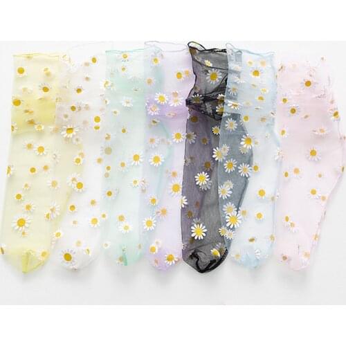 Cute Floral Women Socks Korean Transparent Ultra-thin Daisy Socks Girls Female Fashion Chiffon Mesh Breathable Tulle Long Socks