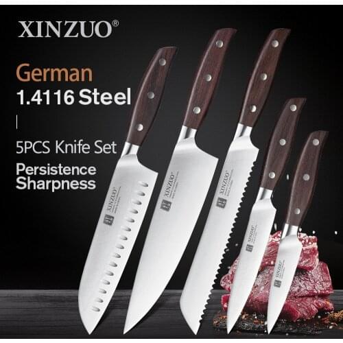 XINZUO Stainless Steel 5PCS Knife Sets Red Sandalwood Bread Chef Paring Utility Santoku Knife Steel Cooking Household Tools