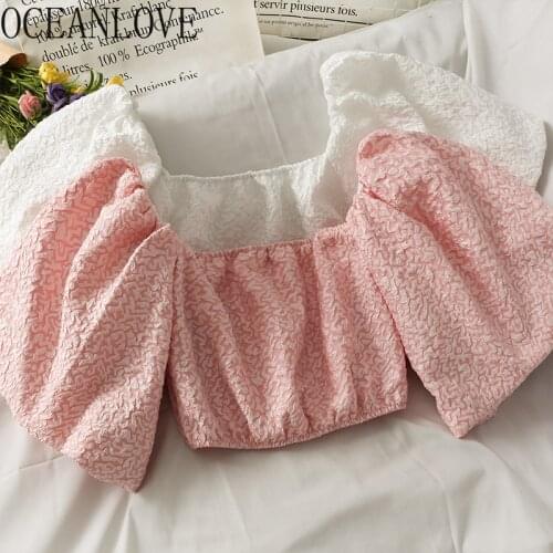 OCEANLOVE Short Blouses Women Tops Solid Puff Sleeve Slash Neck Off Shoulder Blusas Mujer Korean Sexy Retro Shirts Sweet