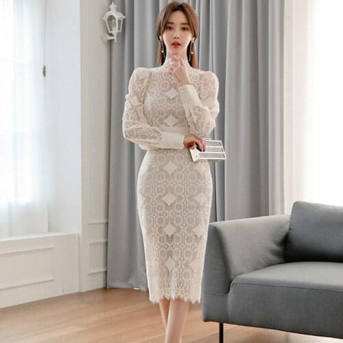 Autumn Runway korean Women Elegant luxury Beige mesh Dress Lace hollow out patchwork chic Hight waist sheath Dresses vestidos