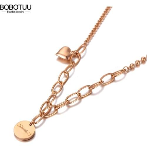 BOBOTUU Rose Gold Smile Love Heart Charm Pendant Necklace For Women Titanium Stainless Steel Bohemia Party Necklace BN20139
