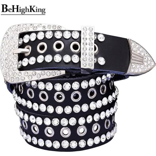 Fashion Rhinestone belts for women Metal hollow genuine leather mens belt Quality cow skin luxury unisex waist strap Width 3.3