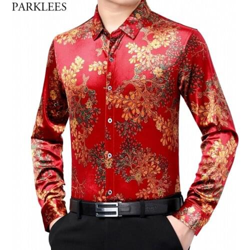 Luxury Floral Gold Embroidery Velour Shirt Men 2021 Autumn New Slim Fit Long Sleeve Mens Dress Shirts Casual Velvet Shirt