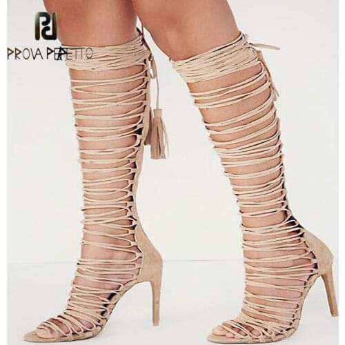 Sexy Stiletto Knee-length Sandals, Fish Mouth Bag with Cross Straps, Fringed Zipper Sandals, Banquet Nightclub Performance Shoes