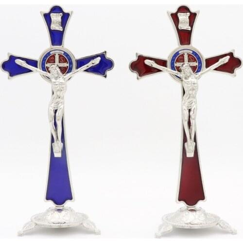 HeyMamba Sliver Jesus Catholic Christian Holy Crucifix Ornaments Cross Rood Emmanuel Jesu Cross Statuette with Base Figure