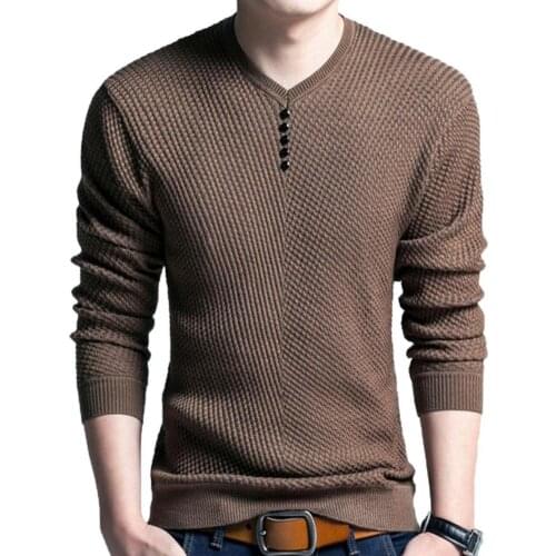 Chic Men Solid Color V Neck Long Sleeve Pullover Slim Fit Knitted Sweater Blouse