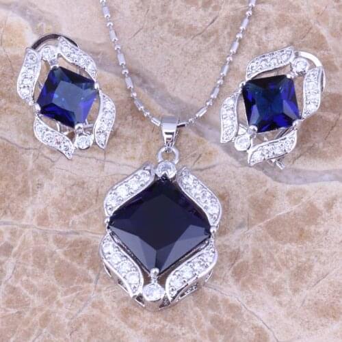 Glittering Blue Cubic Zirconia White CZ Silver Plated Earrings Pendant Necklace Jewelry Sets S0757