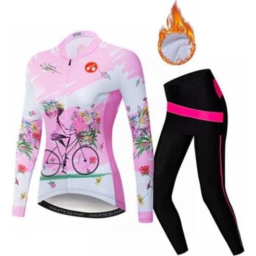 WEIMOSTAR Women Long Sleeve Cycling Jersey Set Outdoor Sport Winter Thermal Fleece Bike Clothes mtb Road Bicycle Clothing Kit