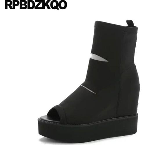 High Heel Slip On Rivet Wedge Peep Toe Mid Calf Boots Extreme Height Increasing Fashion Summer Stud Muffin Women Shoes Black