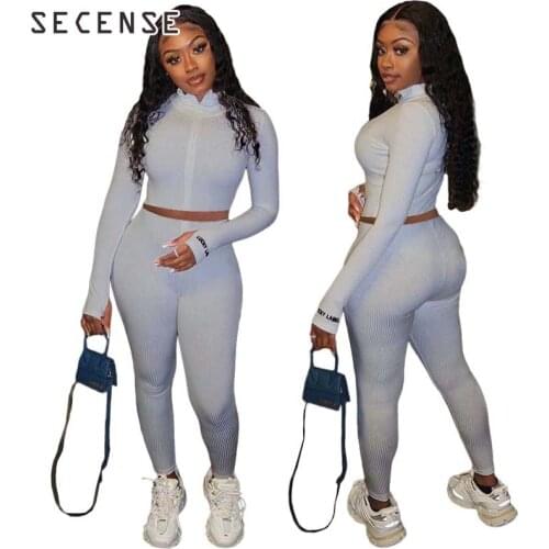 Womens 2 Pieces Set Solid Color Long Sleeve Tracksuit Zipper Knitting Crop Tops And Trousers Autumn Ladies Outfit Suit 2021