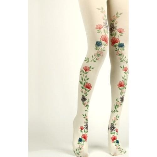 Womens Flower Printed Vintage Garden Creamy-White Feminine Tights