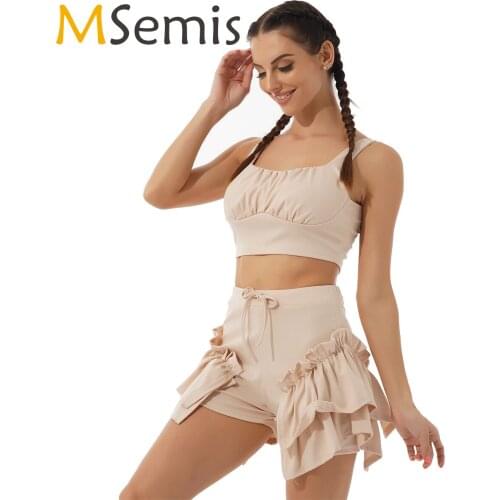 New Women Ballet Dance Suit 2 Pieces Cropped Tops with Ruffle Shorts Summer Adult Dance Costumes for Ballet Commute Gym Sport