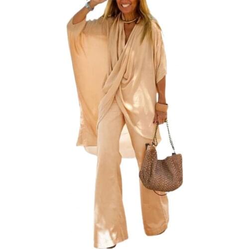 1 Set Women Outfit Solid Color Batwing Half Sleeve V Neck Mid Waist Wide Leg Irregular Cross Top Pants Ladies Set vetement femme