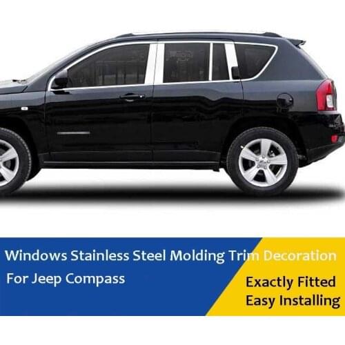 1 Set Full Windows Molding Trim Decoration Strips w/ Center Pillar Exactly Fitted For Jeep Compass 2008-2016