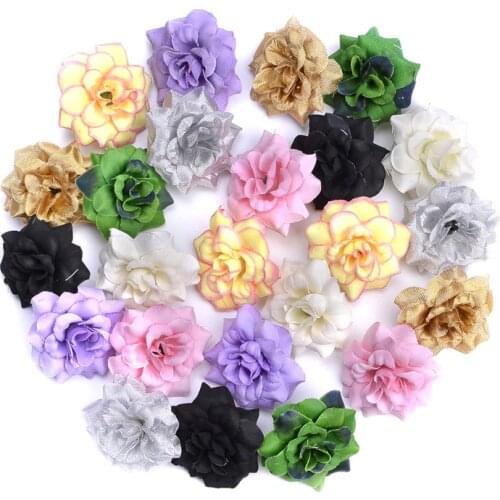 10Pcs 4.5cm Gold Mini Artificial Silk Rose Flowers Heads DIY Scrapbooking Cheap Garland Fake Flower For Wedding Decorative