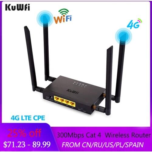 KuWFi 4G LTE WiFi Wireless Router 300Mbps Cat 4 High Speed Wifi CPE with SIM Card Slot and 4pcs External Antennas UP To 32 users