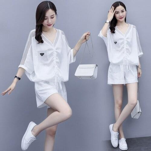 4XL Plus Size Tracksuit Women Two Piece Set Summer Clothes Mesh Patchwork V-Neck Pullover Top + Shorts Suits Casual Womens Sets