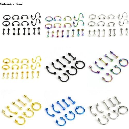 8PCS/Set Fashion Piercing Set Eyebrow Bar Lip Nose Pircing Stainless Steel Ear Studs Stainless Steel Mixed Body Jewelry