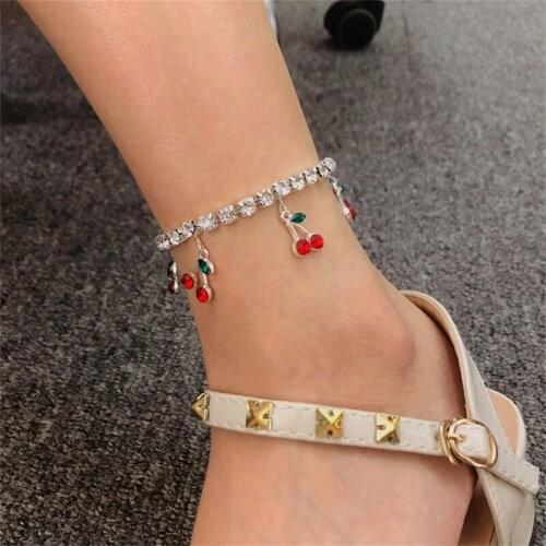 10pcs Cherry Anklets for Women Ankle Bracelet Foot Jewelry Cubic Zirconia Tennis Iced Out Chain Tobilleras Pulsera Para Tobillo