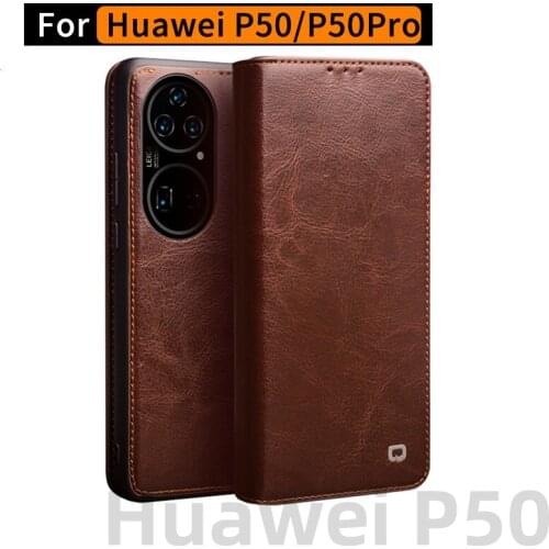 Genuine Leather Phone Case Huawei P50 Pro Flip Leather Case, Huawei P50 Phone Case Drop-Resistant Flip Leather Case