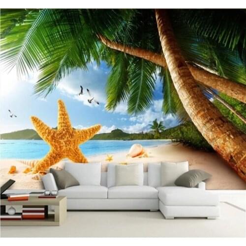 Xuesu Beach starfish coconut tree seascape background wall decoration painting professional custom 8D waterproof wallpaper