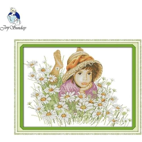 Joy Sunday A Little Girl In The Flowers Patterns Printed Counted Cross Stitch DIY Sets Embroidery Kit Wall Home Decor Needlework