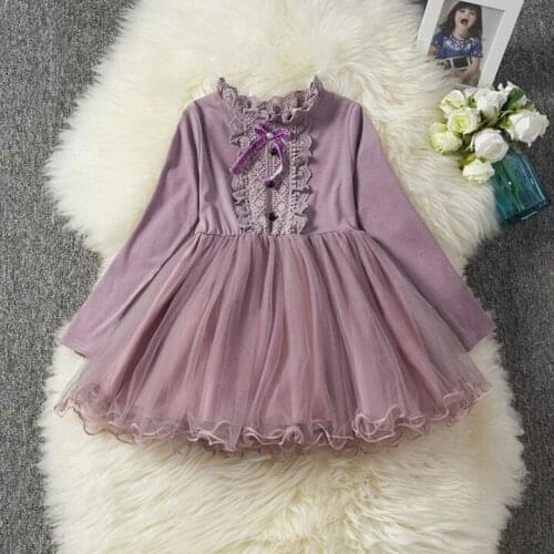 Kids Clothing Children Girls Dress Long Sleeve Spring Autumn Button Bow Mesh Lace Dress Princess Party Ball Gown Dress Girl Pink