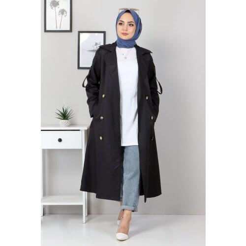 Kruvaze Düğmeli Trençkot TSD5502 Siyah