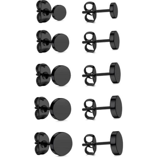 LUXUKISSKIDS Wholesale 5Pairs/lot Black Color Stud Earrings 4mm-8mm Stainless Steel For Women/men Fashion Jewelry Brincos