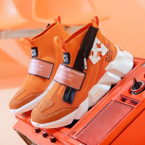 Fashion Orange Zipper High top Sneake for men Slip-on Chunky Sock Shoes Men Comfortable Knitted High quality Casual Sneaker Men