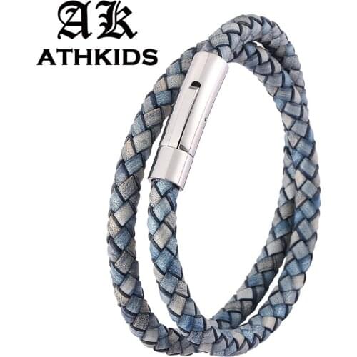 Trendy Retro Blue Braided Leather Double Layer Bracelet Men Women Stainless Steel Snaps Vintage Wristband Gifts PD0490